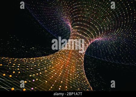 Panoramica del rendering 3D della singolarità di un buco nero massiccio o di un wormhole, concetto di spazio-tempo curvo Foto Stock
