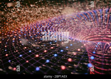 Vista dettagliata del rendering 3D della singolarità di un buco nero massiccio o di un wormhole, concetto di spazio-tempo curvo Foto Stock