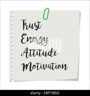 Nota con testo motivazione fiducia energia atteggiamento motivazione SQUADRA motivazione, isolato su sfondo bianco, illustrazione vettoriale Illustrazione Vettoriale