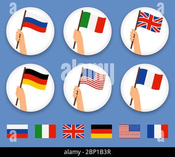 Flag in mano, insieme di icone rotonde. Mani umane che tengono bandiere di paesi diversi, illustrazione vettoriale Illustrazione Vettoriale