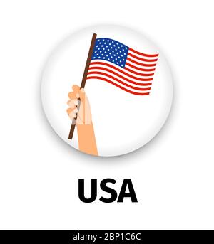 Bandiera USA in mano, icona rotonda con ombra isolata su bianco. Indicatore di tenuta della mano umana, illustrazione vettoriale Illustrazione Vettoriale