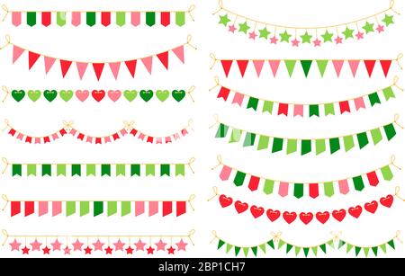 Garlands colorati con bandiere. Elementi di disegno di Carnevale per i banner di congratulazioni e gli inviti di compleanno illustrazione vettoriale Illustrazione Vettoriale