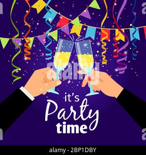 Poster coppia party con le mani che tengono bicchieri e serpentina, illustrazione vettoriale Illustrazione Vettoriale