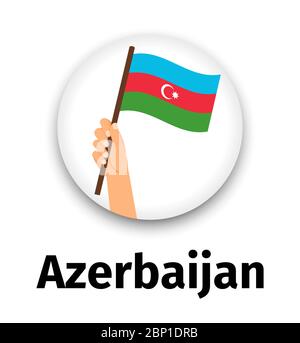 Bandiera dell'Azerbaigian in mano, icona rotonda con ombra isolata su bianco. Indicatore di tenuta della mano umana, illustrazione vettoriale Illustrazione Vettoriale