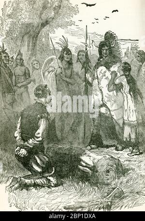 Questa illustrazione del 1890 mostra Pocahontas che intercede per la vita del capitano John Smith. Tradizione (non autenticata) dice che Pocahontas ha salvato John Smith dalla morte per mano dei nativi americani. Foto Stock