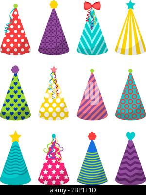 Icone colorate di cappelli da festa su sfondo bianco. Illustrazione vettoriale Illustrazione Vettoriale