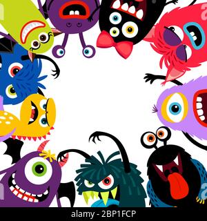 Carta cornice mostri colorati. Simpatiche creature divertenti, felice e spaventoso biglietto di auguri per bambini, illustrazione vettoriale Illustrazione Vettoriale