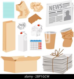 Raccolta icone cestino carta. Icone vettoriali di scatole di cartone, tazze di carta, pile di giornali, confezioni di latte Illustrazione Vettoriale