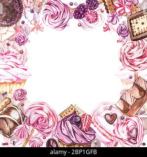 Collezione di dolci acquerelli. Piatto di squadra acquerello di una composizione di dolci, torte e busta. San Valentino. Perfetto per biglietti, stampe, invita Foto Stock