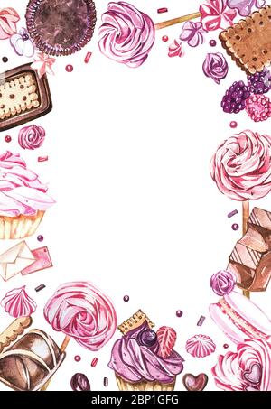 Collezione di dolci acquerelli. Piatto di squadra acquerello di una composizione di dolci, torte e busta. San Valentino. Perfetto per biglietti, stampe, invita Foto Stock