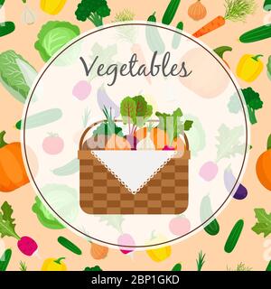 Un cestino pieno di verdure fresche. Sfondo vettoriale Illustrazione Vettoriale