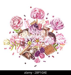 Collezione di dolci acquerelli. Immagine acquerello di una composizione di dolci, torte e buste. San Valentino. Perfetto per biglietti, stampe, inviti Foto Stock
