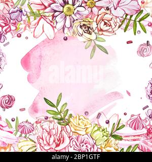 Collezione di dolci acquerelli. Piatto di squadra acquerello di una composizione di dolci, torte e busta. San Valentino. Perfetto per biglietti, stampe, invita Foto Stock