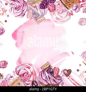 Collezione di dolci acquerelli. Piatto di squadra acquerello di una composizione di dolci, torte e busta. San Valentino. Perfetto per biglietti, stampe, invita Foto Stock
