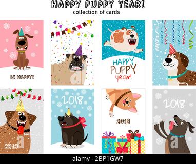 Felice anno nuovo, carte cucciolo. Cani carino e divertente con decorazioni di natale vettore illustrazione Illustrazione Vettoriale