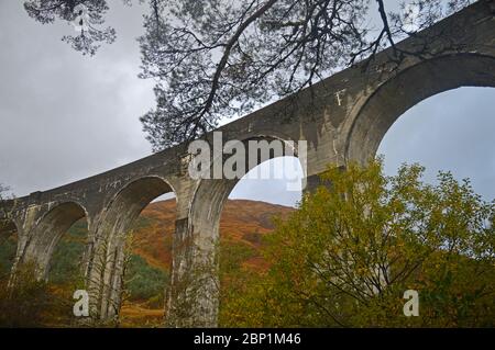 Scenario autunnale di Glen Finnan e viadotto di Glenfinnan, Scozia Foto Stock