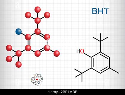 Idrossitoluene butilato, BHT, molecola di dibutilidrossitoluene. È composto organico lipofilo, antiossidante, additivo alimentare E321. Foglio di carta in a. Illustrazione Vettoriale