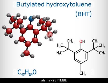 Idrossitoluene butilato, BHT, molecola di dibutilidrossitoluene. È composto organico lipofilo, antiossidante, additivo alimentare E321. Sostanza chimica strutturale Illustrazione Vettoriale
