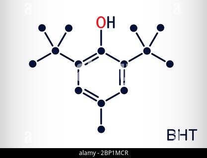 Idrossitoluene butilato, BHT, molecola di dibutilidrossitoluene. È composto organico lipofilo, antiossidante, additivo alimentare E321. Chimica scheletrica f Illustrazione Vettoriale