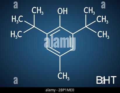 Idrossitoluene butilato, BHT, molecola di dibutilidrossitoluene. È composto organico lipofilo, antiossidante, additivo alimentare E321. Sostanza chimica strutturale Illustrazione Vettoriale