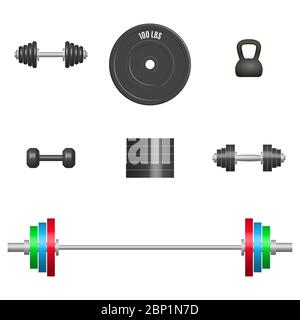 Set di 3D Sport gli elementi di apparecchiature. Elementi di progettazione per la palestra e la sala fitness. Vista frontale, illustrazione vettoriale. Illustrazione Vettoriale