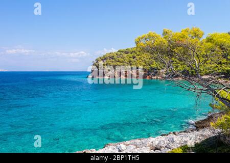 Paesaggio marino incontaminato nell'isola di Agkistri, Attica, Grecia. Foto Stock