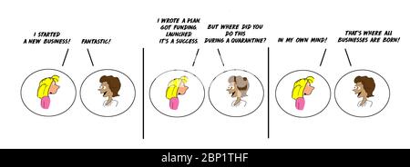 Striscia di cartoni animati a colori raffiguranti due donne che parlano e una ha iniziato una nuova attività nella sua mente durante la quarantena. Foto Stock