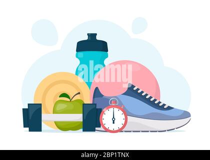 Composizione di elementi per fitness, sport, dieta e stile di vita sano per banner palestra. Attrezzature sportive per l'allenamento. Illustrazione vettoriale in stile piatto Illustrazione Vettoriale