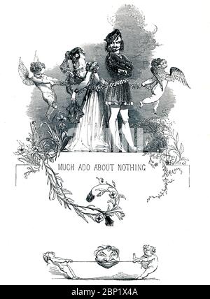 Molto Ado su Nothing Victorian libro frontespizio per la commedia di William Shakespeare, dal libro illustrato del 1849 Heroines of Shakespeare Foto Stock