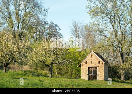 Vista idilliaca di un'antica capanna di pescatori sul lago Schwielowsee di Petzow Foto Stock