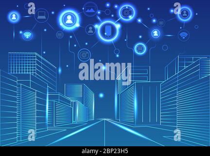 Vita sociale digitale della città di notte Illustrazione Vettoriale