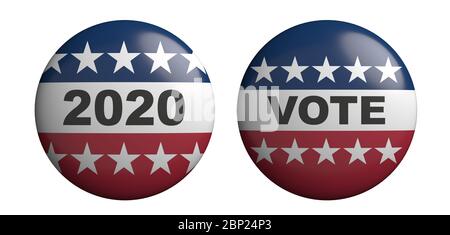 Votare il concetto di giornata elettorale 2020 USA. VOTA e 2020 su badge rotondi isolati su sfondo bianco. illustrazione 3d Foto Stock