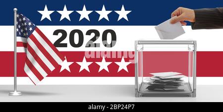 2020 elezioni americane. Mano dell'uomo che inserisce una busta bianca in una fessura della scatola di votazione. 2020, bandiera degli stati uniti e sfondo patriottico stelle. illustratore 3d Foto Stock