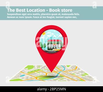Il miglior negozio di libri di posizione. Puntare sulla mappa con l'edificio, l'illustrazione vettoriale Illustrazione Vettoriale