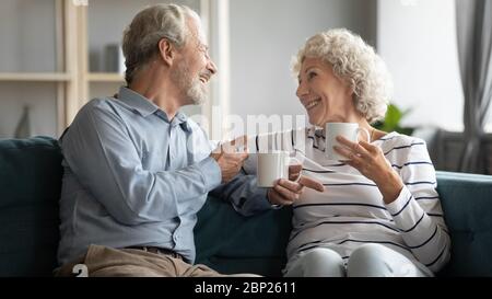 Felice coppia ritirata che tiene tazze di tè, godendo di piacevole conversazione. Foto Stock