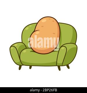 Patata sul divano, metafora divertente. Cartoon pigro patate seduta su divano, vettore clip art illustrazione. Illustrazione Vettoriale