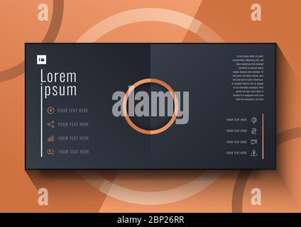 Template business brochure coprire cerchi geometrici sfondo nero e arancione con spazio icone per il tuo testo. Illustrazione vettoriale Illustrazione Vettoriale