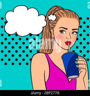 Bella ragazza con tazza di carta. Flirtare bella giovane donna bere caffè pop art illustrazione vettoriale Illustrazione Vettoriale