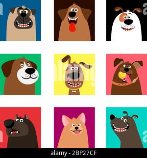 Cani volti. Cute teste comic del puppy e divertente ritratto del cane insieme illustrazione vettoriale Illustrazione Vettoriale