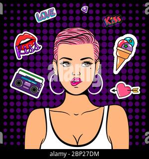 Pop art ragazza con adesivi. Arte ragazza vettoriale anni 80 con segni di stile moda Illustrazione Vettoriale