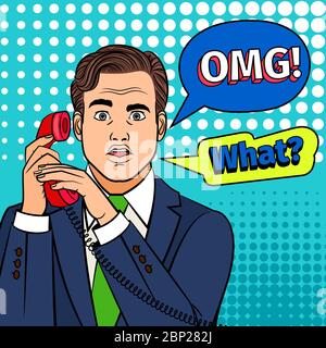 Pop art uomo con telefono. La clipart retrò sorprende l'uomo con il viso stupefacente e omg in fumetto bolla di testo Illustrazione Vettoriale