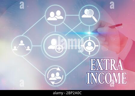 Cartello con testo che mostra reddito extra. Testo foto aziendale fondo aggiuntivo ricevuto o guadagnato da una base non regolare Foto Stock
