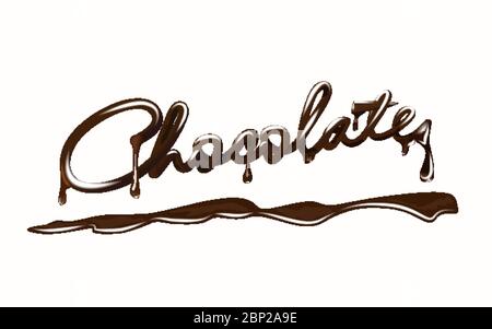 Cioccolato. Scritta realistica con barretta di cioccolato, con gocce e schizzi. Isolato su sfondo bianco. Illustrazione Vettoriale
