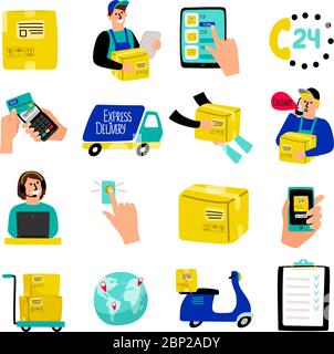 Icone di distribuzione dei cartoni animati. Illustrazione vettoriale a consegna rapida con corriere rapido e furgone per camion, pacchetto container e ricezione merci da magazzino isolati su bianco Illustrazione Vettoriale