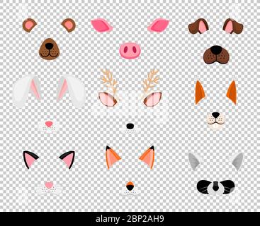 Maschere animali. Mascheratura viso per mascherata, coniglio e orso, cane, e volpe cute halloween maschera set isolato su sfondo trasparente, illustrazione vettoriale Illustrazione Vettoriale