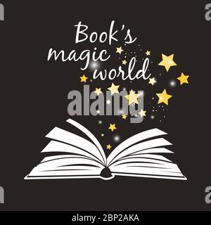 Poster del mondo magico dei libri. Apri il libro con le pagine bianche e l'illustrazione vettoriale degli asterischi magici dorati Illustrazione Vettoriale