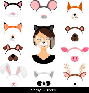 Ragazze animali maschere. Maschera facciale femminile vettoriale per animali isolato su sfondo bianco, come gatto e cane, raccoon e maiale Illustrazione Vettoriale