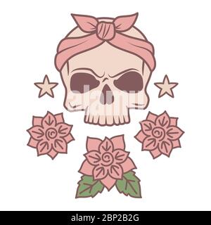 Cute cranio e fiori tatuaggio template isolato su sfondo bianco, illustrazione vettoriale Illustrazione Vettoriale