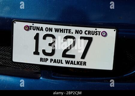 Targa commemorativa per l'attore americano Paul Walker Who Giocata Brian o'Connor nel film Fast & Furious. Franchise Foto Stock