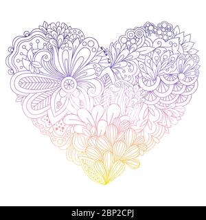 Cuore colorato dei fiori con rami di doodle, foglie ed elementi decorativi. Design luminoso con stampa hipster, illustrazione vettoriale Illustrazione Vettoriale